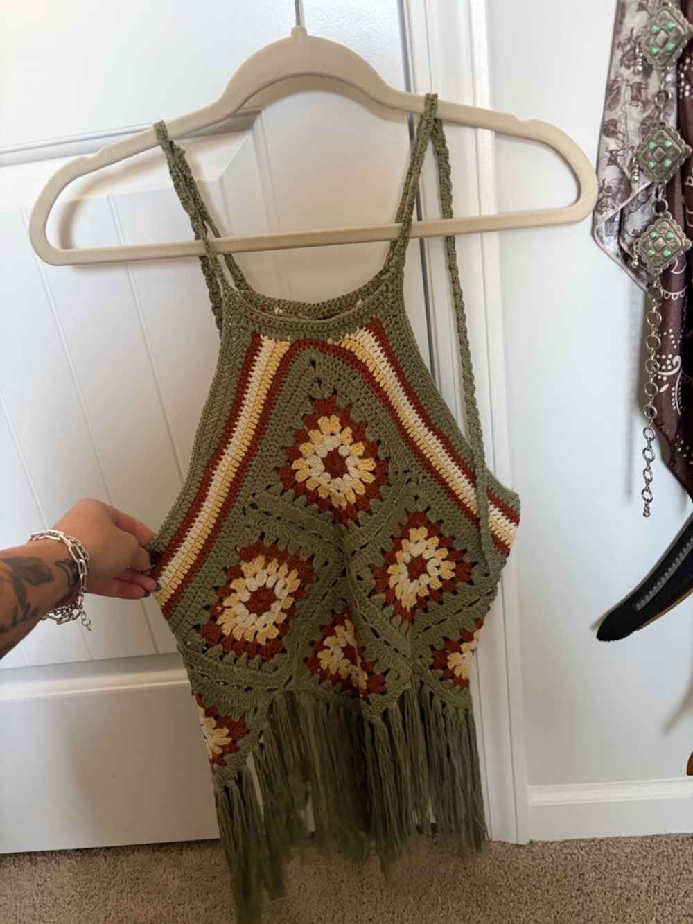 Olive Crochet Fringe Halter Crop Top